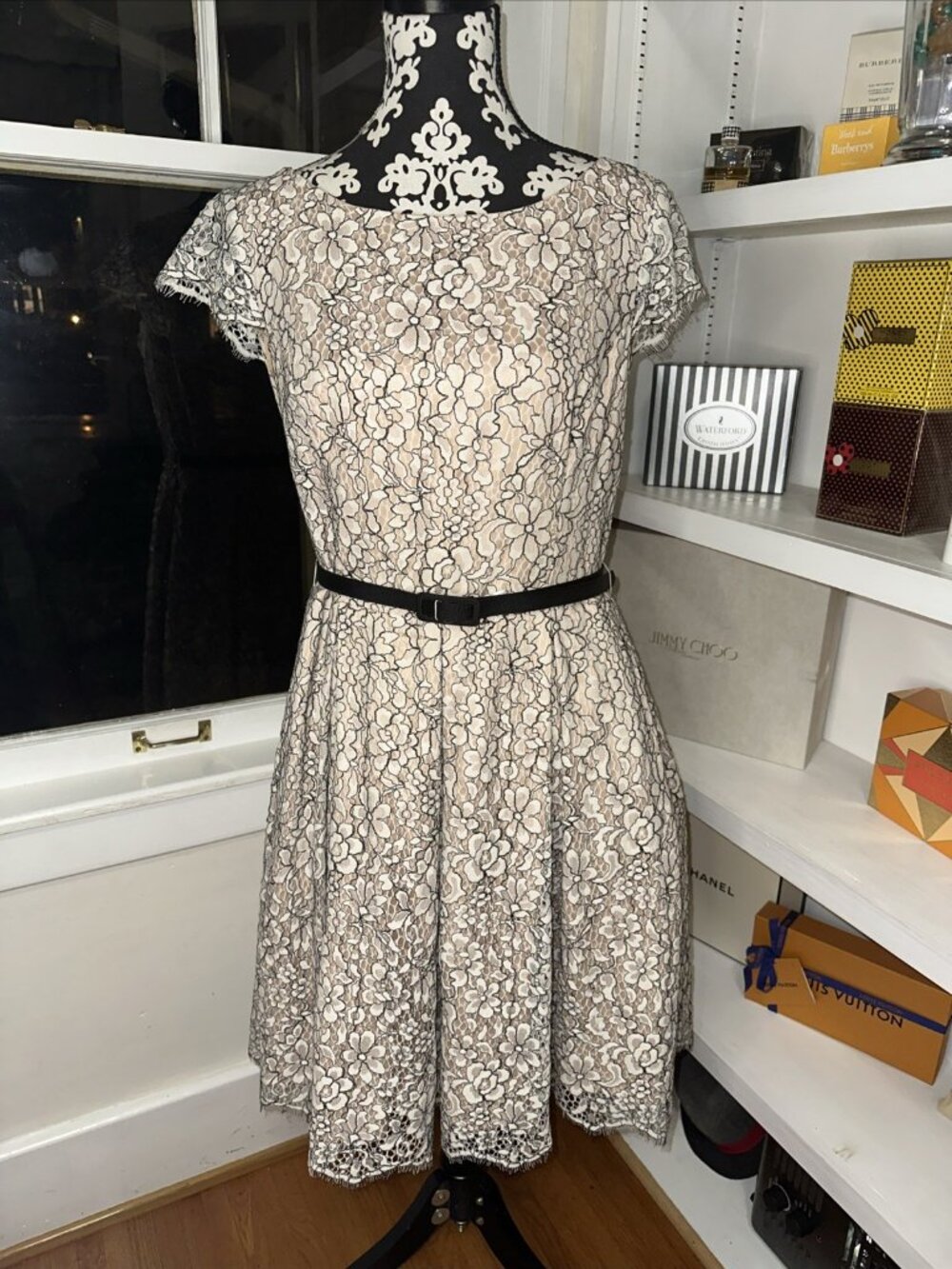 Eliza J Dress Women 14 White Black Lace Midi Flare Sheath Cocktail Party